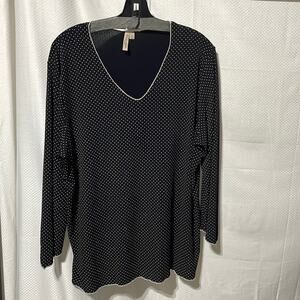 Susan Lawrence 1x black creamy polka dot v neck stretch top 3/4 bell sleeve euc